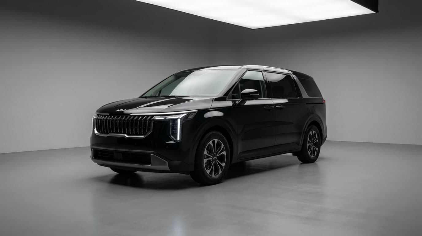 Black Kia Carnival MPV in a studio setting